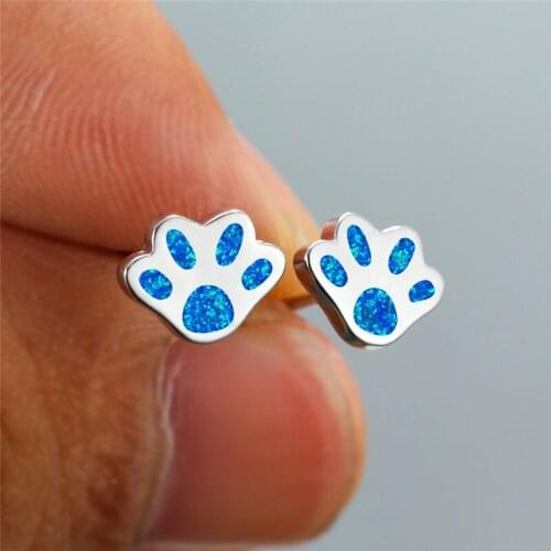 Vintage Female White Blue Opal Stone Earring Rose Gold Silver Color Wedding Earrings Charm Cat Paw Small Stud Earrings For Women