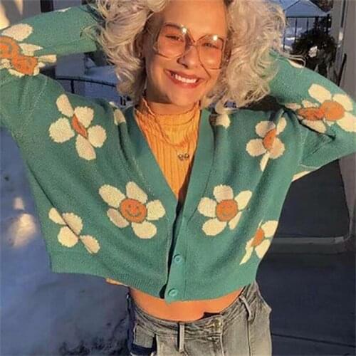 Neploe Preppy style floral knitted cardigan sweater ladies V-neck loose elegant thick pull snake print short casual jacket jops