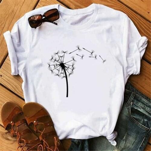 Hot Sale Summer Down Wildflower Dandelion Print Women T-shirt Simple Casual Fun T Shirt Gift For Lady Yong Girl Tops Tees