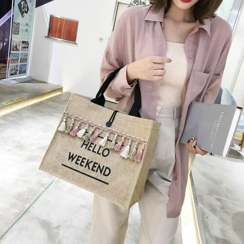 Women Large Capacity Tassel Shoulder Bag Summer Beach Bags Handbags Letter Linen Totes Casual Girls Travel Shopping Bag
