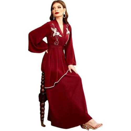 Dubai Handmade Pearls Dress Abaya Women Spring Fashion Flare Sleeve Eid Party Gown Robe Islamic Muslim Turkey Morocco Clothes