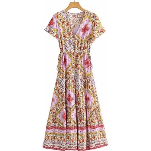 YENKYE Holiday Summer Dress 2021 Women Vintage Floral Print Boho Long Dress Female V Neck Drawstring Waist A-line Casual Dress