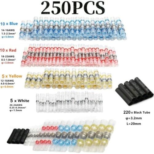 250PCS Heat Shink Solder Sleeves Terminals For Wire Butt Connectors Electrice Cable Splice Tinned Crimp 26-10AWG