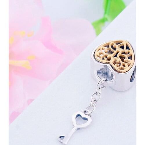 925 Sterling Silver Gold Color Heart Vine Lock Key Bead Fit Original Charm Bracelet For Making Jewelry Women Valentine Berloque