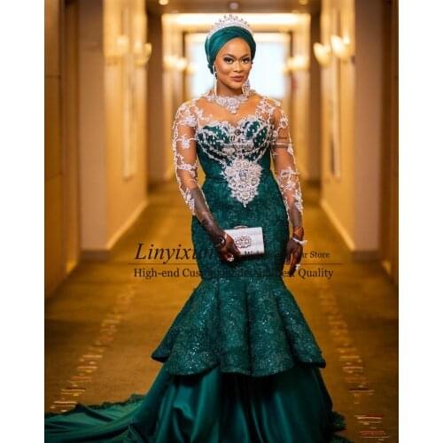 Aso Ebi Mermaid Plus Size Prom Dresses Green Sheer Neck Long Sleeve African Evening Gowns Luxury Beaded Lace Black Girls Party