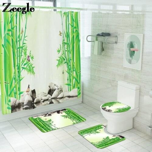 Pattern Bamboo Bath Mat and Shower Curtain Set Bathroom Toilet Rugs Bathroom Foot Mat Printed Carpet Mat for Bathroom Bath Mat