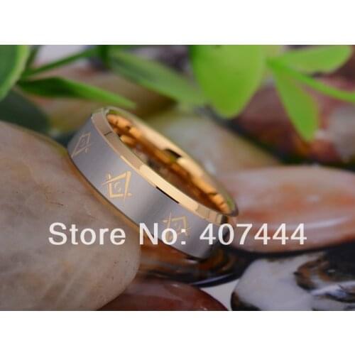 Free Shipping USA UK Canada Russia Brazil Hot Sales 8MM new Golden Beveled Freemason Brother Mens Tungsten Carbide Wedding Ring
