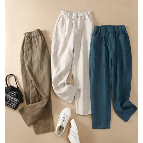 2021 Summer Cotton Linen Pants For Women Trousers Casual Thin Loose Large Size Harlan Carrot Pants Elastic Waist Clothing zh1051