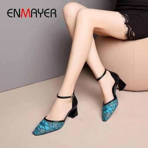 ENMAYER 2020 Genuine Leather Sexy Wedding Shoes Pointed Toe D'Orsay & Two-Piece Womens Shoes Buckle Strap Women Pumps 34-43
