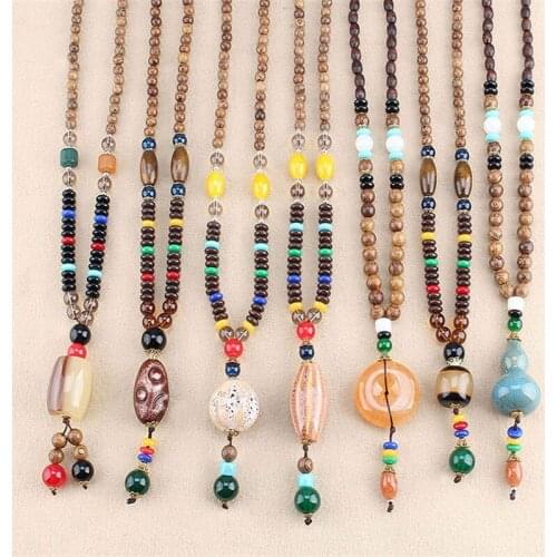 Nepal Buddhist Mala Wood Bead Necklace Ethnic Sweater Chain Statement Long Necklaces & Pendants for Women Men Gift Souvenir