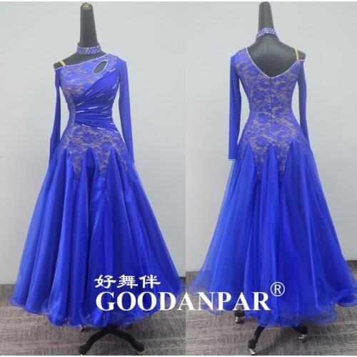 GOODANPAR women girl long Sleeve Ballroom Dance Dress standard Practice Dress with bodysuit bra cup Elastic lycra Waltz Clothes