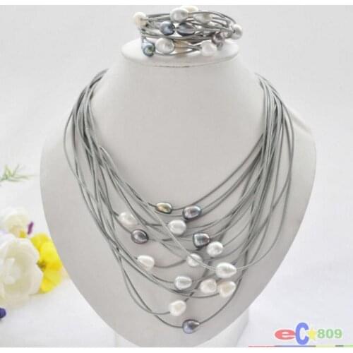 Hot sell new - wholesale 15row 13mm black white gray rice pearl gray leather necklace bracelet