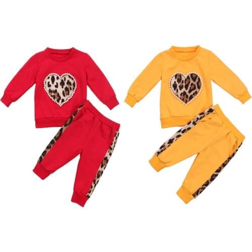 Autumn 2PCS Toddler Kid Baby Girl Fashion Clothes Long Sleeve Pearl Leopard Heart Print Tops T-Shirt Casual Pants Outfit 1-5Y