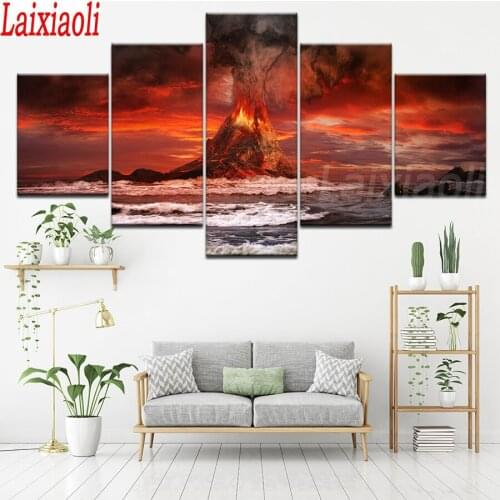 5 Pcs Volcano Eruption Sea Sunset Clouds Sky Scenery Full square diamond painting embroidery 5D rhinestone mosaic diamond inlaid