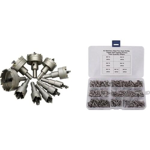 10Pcs Carbide Tip Hss Drill Bit Saw Set with 220Pcs M3 M4 M5 Mini Cross Phillips Pan Round Head Self Tapping Wood Screw