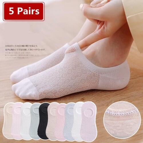 5 Pairs Women Non-slip Silicone Invisible Socks Summer Solid Color Mesh Ankle Boat Socks Female Cotton Slipper No show Socks