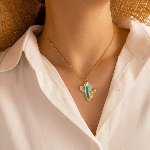 Tocona Charming Cactus Pendant Necklace for Women Luxury Pearl Stone Gold Chain Adjustable Boheman Jewelry Accessories 15820