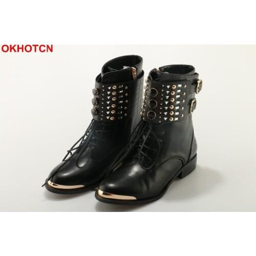 OKHOTCN Fashion Women Ankle Boots Casual Lace Up Motorcycle Boots Metal Round Toe Rivets Flat Booties Buckle Strap Martin Boots