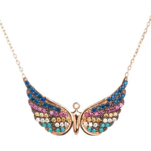 925 Sterling Silver Angel Wings Necklace with Colourful Stones Womens Pendant Necklace Silver Chain Necklace Angel Necklace