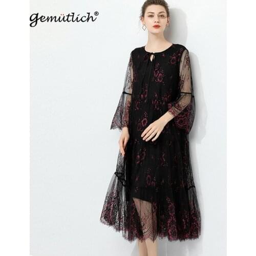 GEMUTICH Women Big Size Lace Mesh Dress Half Flare Sleeve O-neck Collar Embroidery Hollow out Summer Long Dress XL-5XL