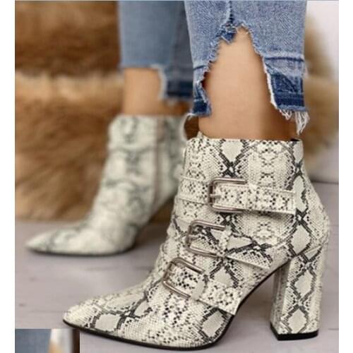Drop Shipping Spring Woman Python Snake Skin Pointed Toe Buckles Rough Heels Short Boots Zipper High Heel Ankle Boots Lady