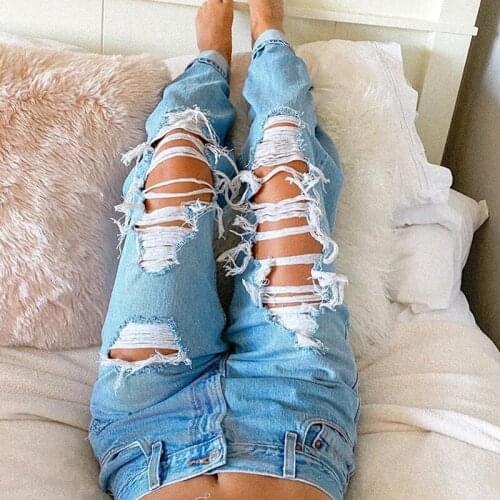 Straight Wide Leg Trousers Y2k Fashion Hollow Hole Cargo Pants Women Mom Jeans Ripped Jeans Women Baggy High Waisted Pants Blue