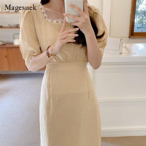 Plus Size Chic French Summer Dress Cotton Square Neck Lace Dress for Women Casual Elegant Bubble Sleeve Dress Vestidos 13957