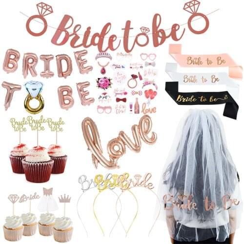 Rose Gold Bride To Be Veil Satin Sash Headband Wedding Decor Foil Balloons Banner for Bachelorette Bridal Shower Party Supplies