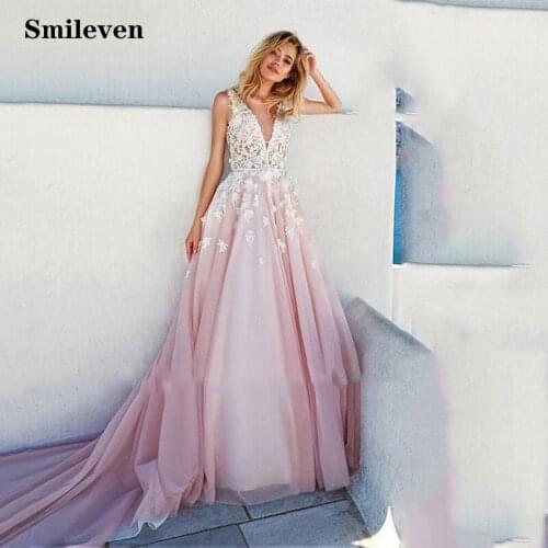 Smileven Boho Wedding Dress 3D Flowers Pink Lace Bride Dresses Backless Puff Tulle Wedding Gowns Long Train Floor Length