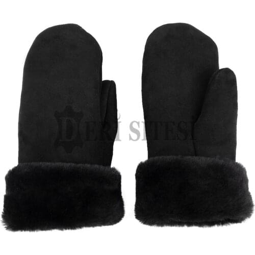 Mens Premium Shearling Sheepskin Fur Mittens Black