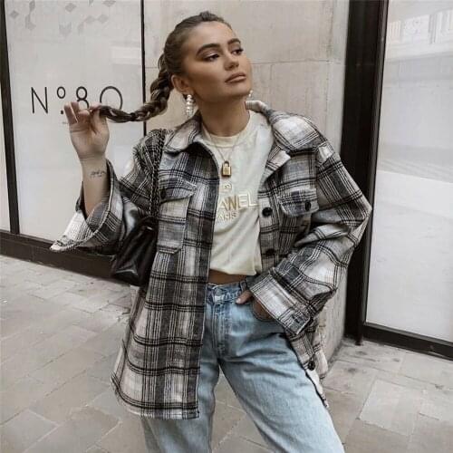 2020 Spring Autumn Women Classic Long Sleeve Plaid Print Loose Single-Breasted Jacket Button Up Collar Coat With Pockets