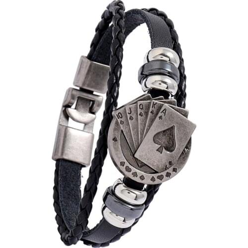 Vintage Lucky Men Leather Bracelet Playing-Cards Raja-Vegas Charm Multilayer Braided Women Pulseira Masculina