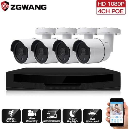 ZGWANG 2MP 4CH H.265X POE NVR Waterproof Surveillance System Kit 1080P HDMI IP Camera IR CUT Security Night Vision Camera
