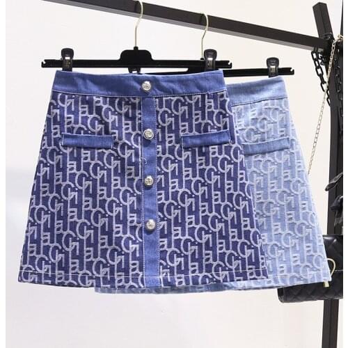 High Quality Jacquard Denim Skirt Women Letter Print Fashion Button High Waist Mini Skirt 2021 Summer Loose Jeans Skirts Female
