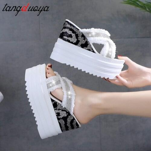 Summer Rhinestone Wedges Heel Women Slippers Platform Peep Toe Height Increasing Slides 2021 Sexy Ladies Shoes Zapatos De Mujer