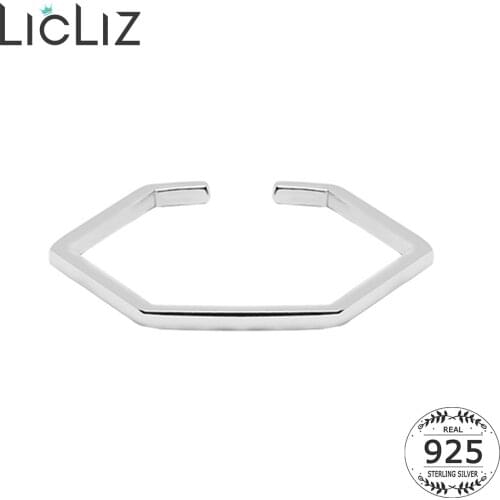 LicLiz New Simple Geometric 925 Sterling Silver Hexagon Open Rings for Women Adjustable Silver Fine Polished Jewelry Gift LR0830