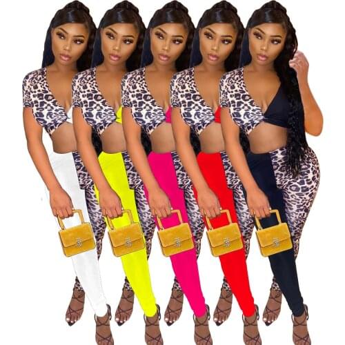 Echoine Leopard Print Patchwork Wrap Crop Top and Legging Pants Short Sleeve Tshirt Summer Matching Set Two Piece Set Skinny Set