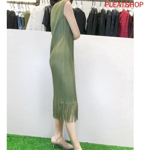 MIYAKE Womens Tassel Wrinkles Four Seasons Dress Explosion Sleeveless Waist Base Dress Wild Temperament Crimp Medium-length