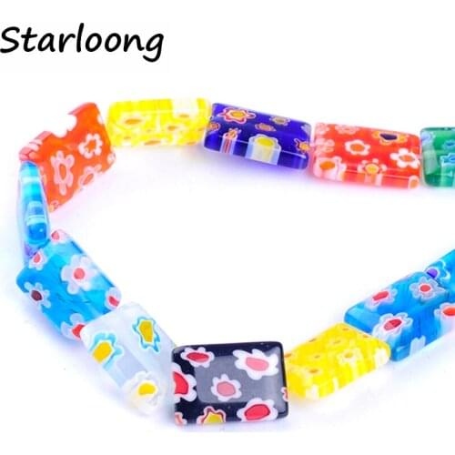 26pcs/string 10*14mm colors mixed rectangle shape flower pattern flat lampwork glazed glass beads DIY jewelry making