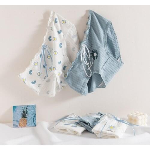 Print Bow Ribbon Seamless Panties For Women Flower Close Underwear Blue Cotton Lace Underpants White Breathable Girl Lingerie