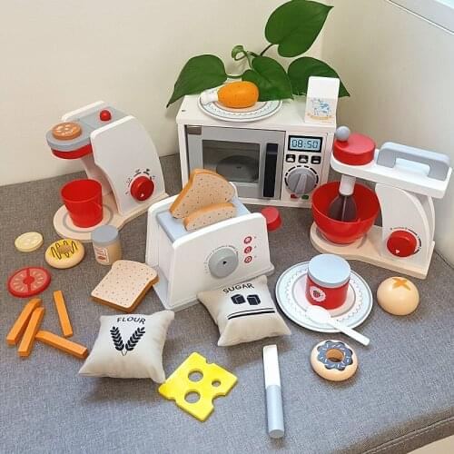 Kids Wooden Pretend Play Microwave Oven Baking Toasters Bread Maker Coffee Machine Game Toy Simulation Kitchen Play House Toy