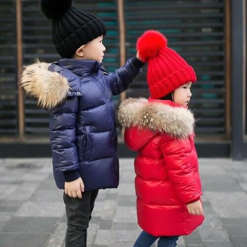 2021 Winter Childrens Down Jacket Boys Girls Real Fur Collar Thickening Coats Kids Mid-length Thick Hooded Warm Parkas Outwear