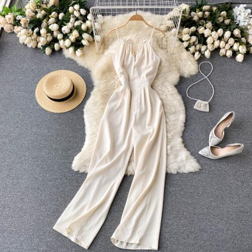 2021 Summer Fashion New Suspender Jumpsuit Womens Temperament Slim Thin Long Wide-leg Pants DK1083
