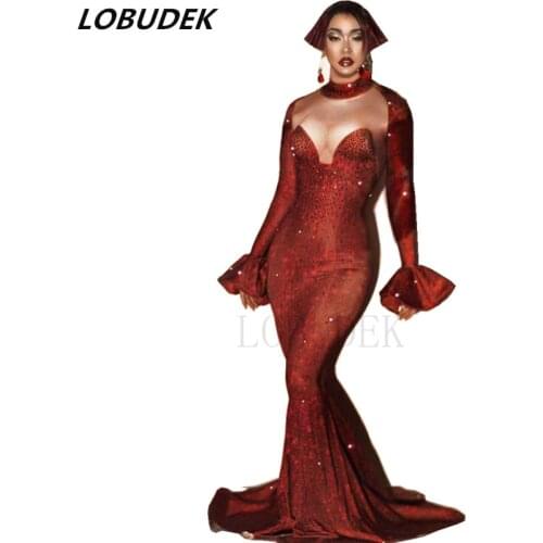 Red Rhinestones Stretch Skinny Mermaid Dress Valentines Day New Year Evening Party Stage Long Dress Singer Host Crystal Dresses
