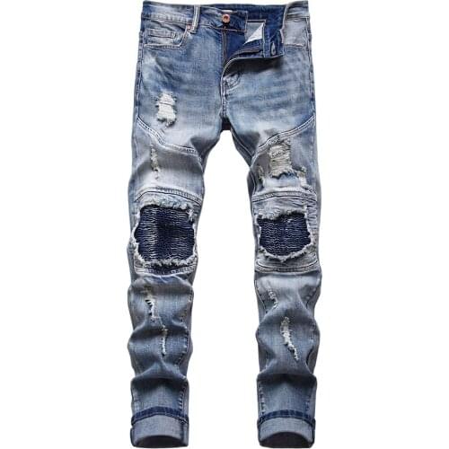 Mens Holes Ripped Biker Jeans Pleated Patchwork Slim Straight Stretch Denim Pants Blue Trousers