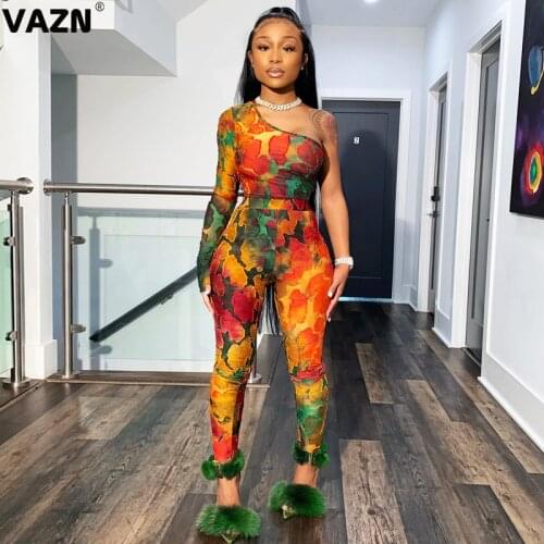 VAZN 2020 New Special Sexy Club Fashion Retro One Off Shoulder Full Sleeve Top High Waist Long pants Skinny Women 2 Piece Set