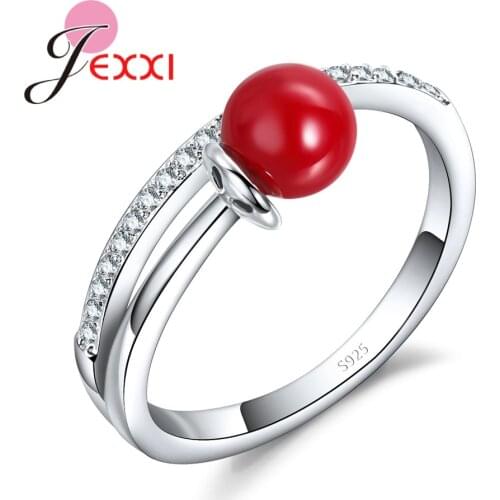 Latest 925 Sterling Silver Rings For Woman Crystal Silver Ring For Girls Gift Wedding Engagement CZ Accessory Red Pearl