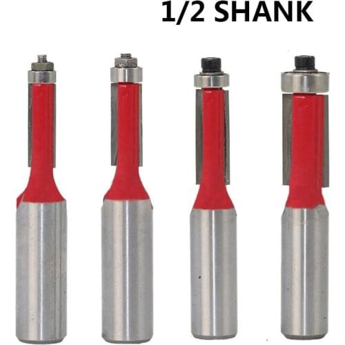 4pcs 1/2" and 1/4" Shank Flush Trim Router Bits for wood Lengthened Trimming Cutters with bearing woodworking tool endmill