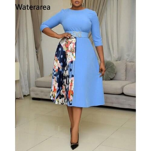 Waterarea Women Vestidos O-neck Three Quarter Print Patchwork High Waist Midi A-line Dress Office Lady Pleated Dress Autumn 2021
