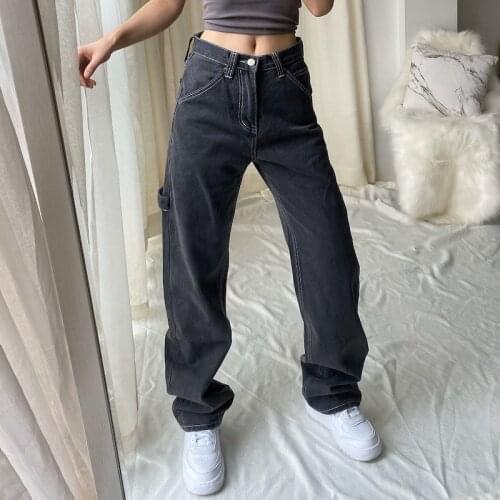 Gray Wide Leg Pants Jeans Women High Waist Straight Streetwear Loose Denim Trousers 2021 Autumn Lady Casual Denim Pants Female